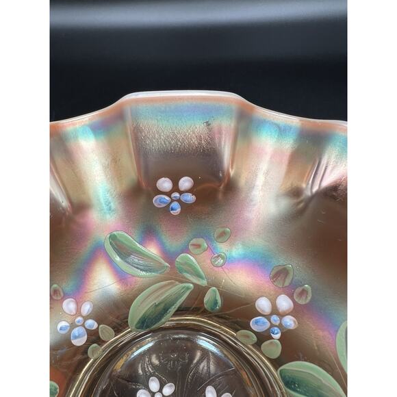 Antique Dugan Enameled Single Flower Opalescent Peach Carnival Glass Bowl 9” - Picture 9 of 11